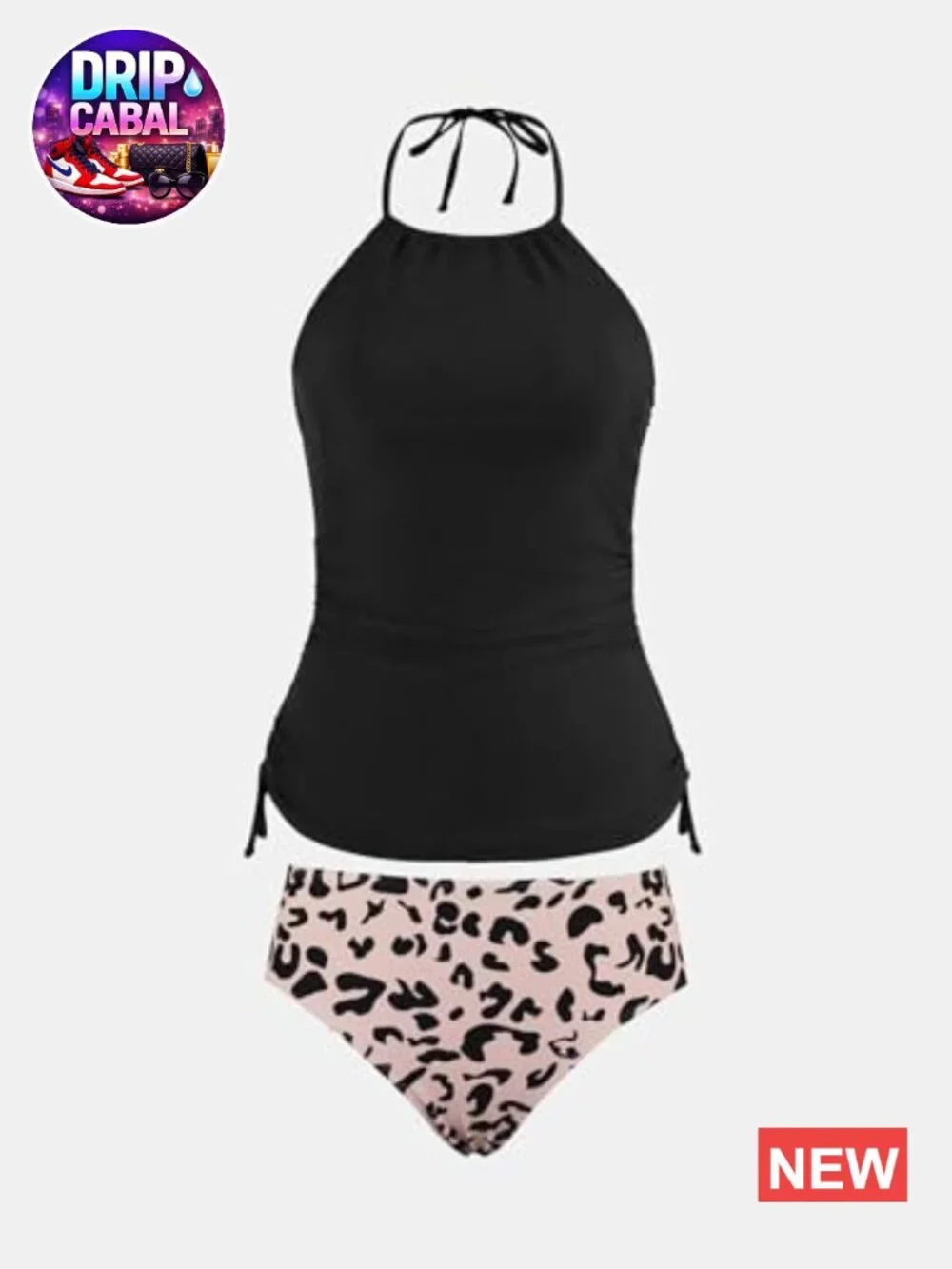 Tankini Set with High Neck Halter Adjustable Straps Mid Rise Drawstrings